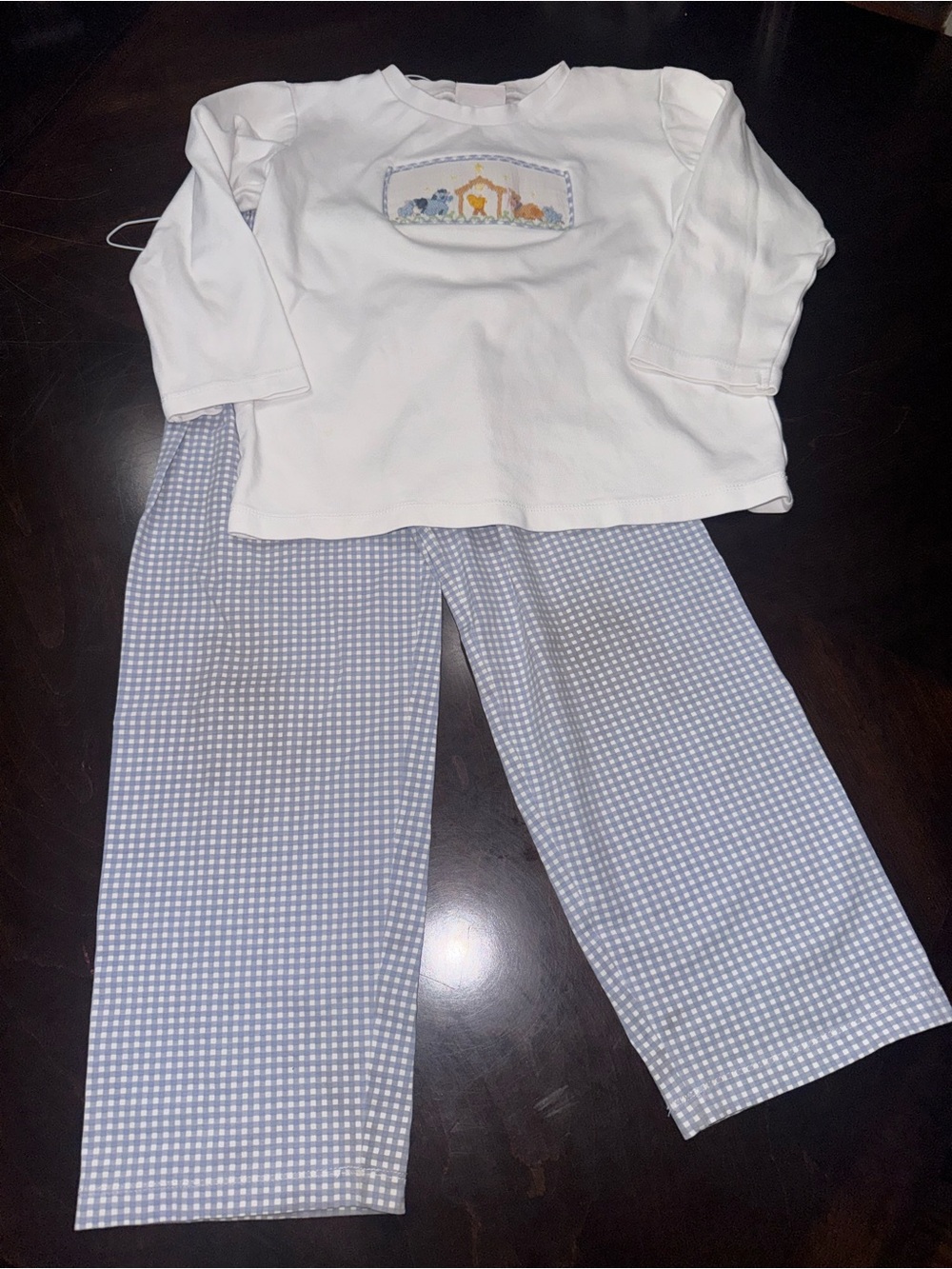 Shrimp & Grits Kids White Top and Light Blue Gingham Navity Smocked Set